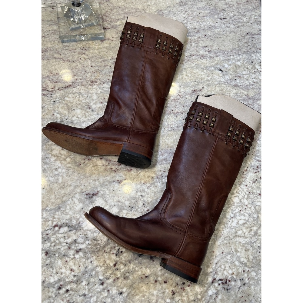 SENDRA GOODYEAR WELTED Brown WIDE CALF Leather Boots w/Bronze Studs 7M/8 SPAIN - Picture 2 of 13